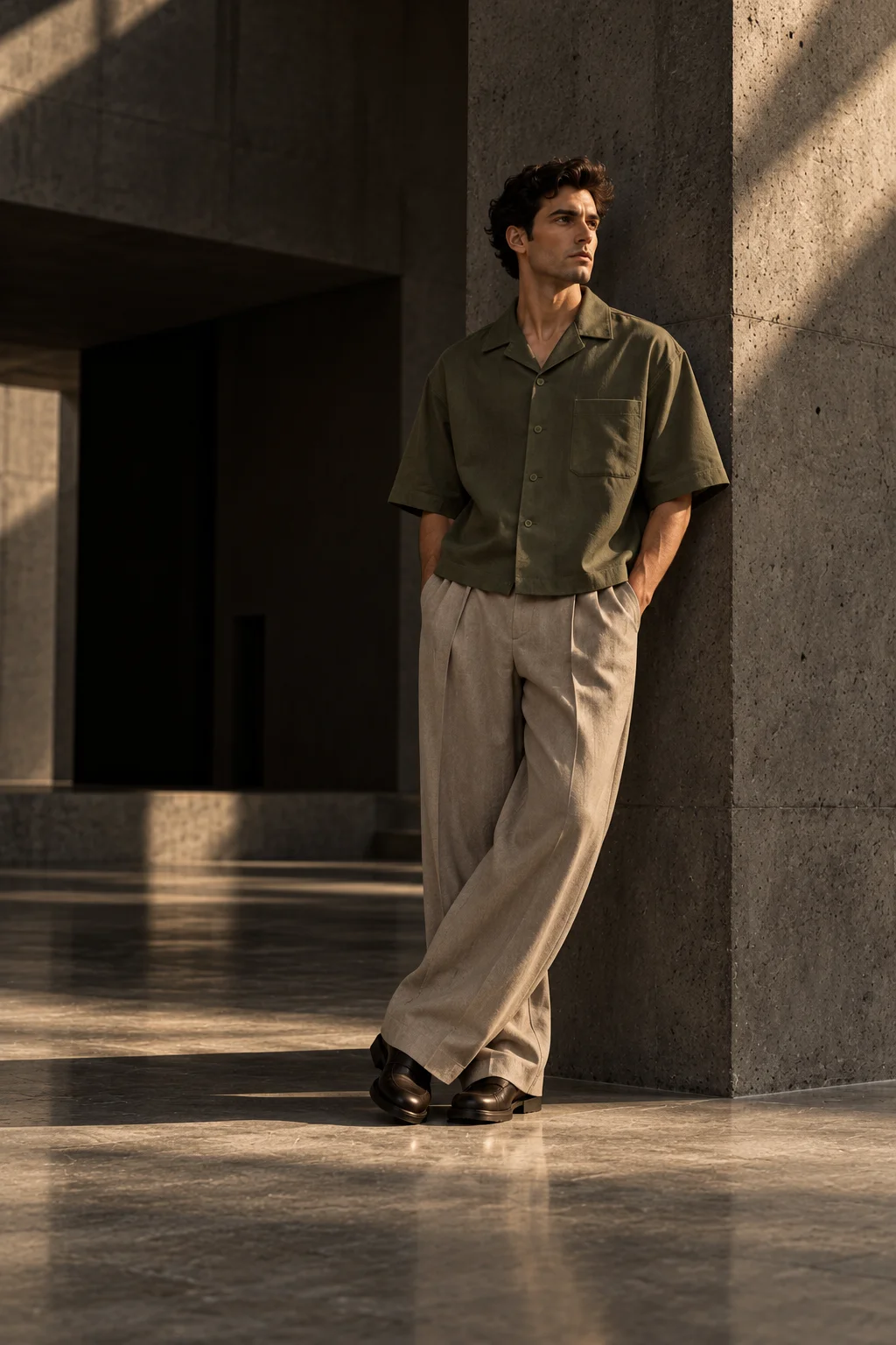 Moss Atelier Shirt worn with warm stone trousers beside a concrete column.