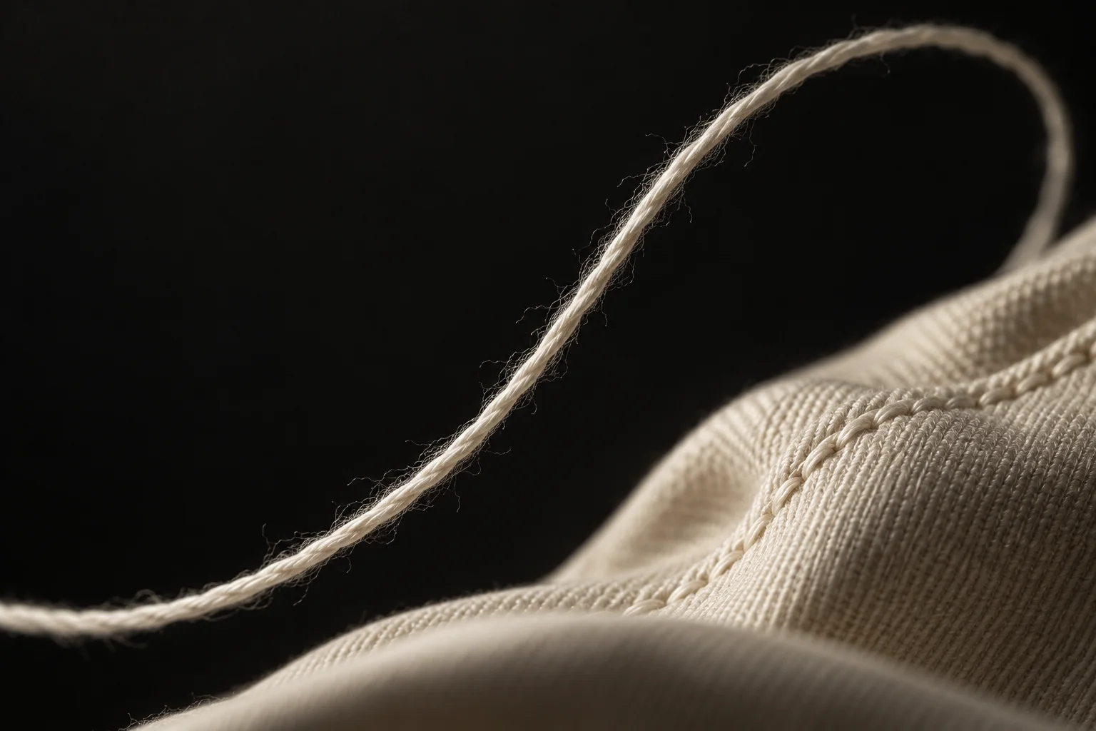 A close photographic study of a single chalk-coloured thread.