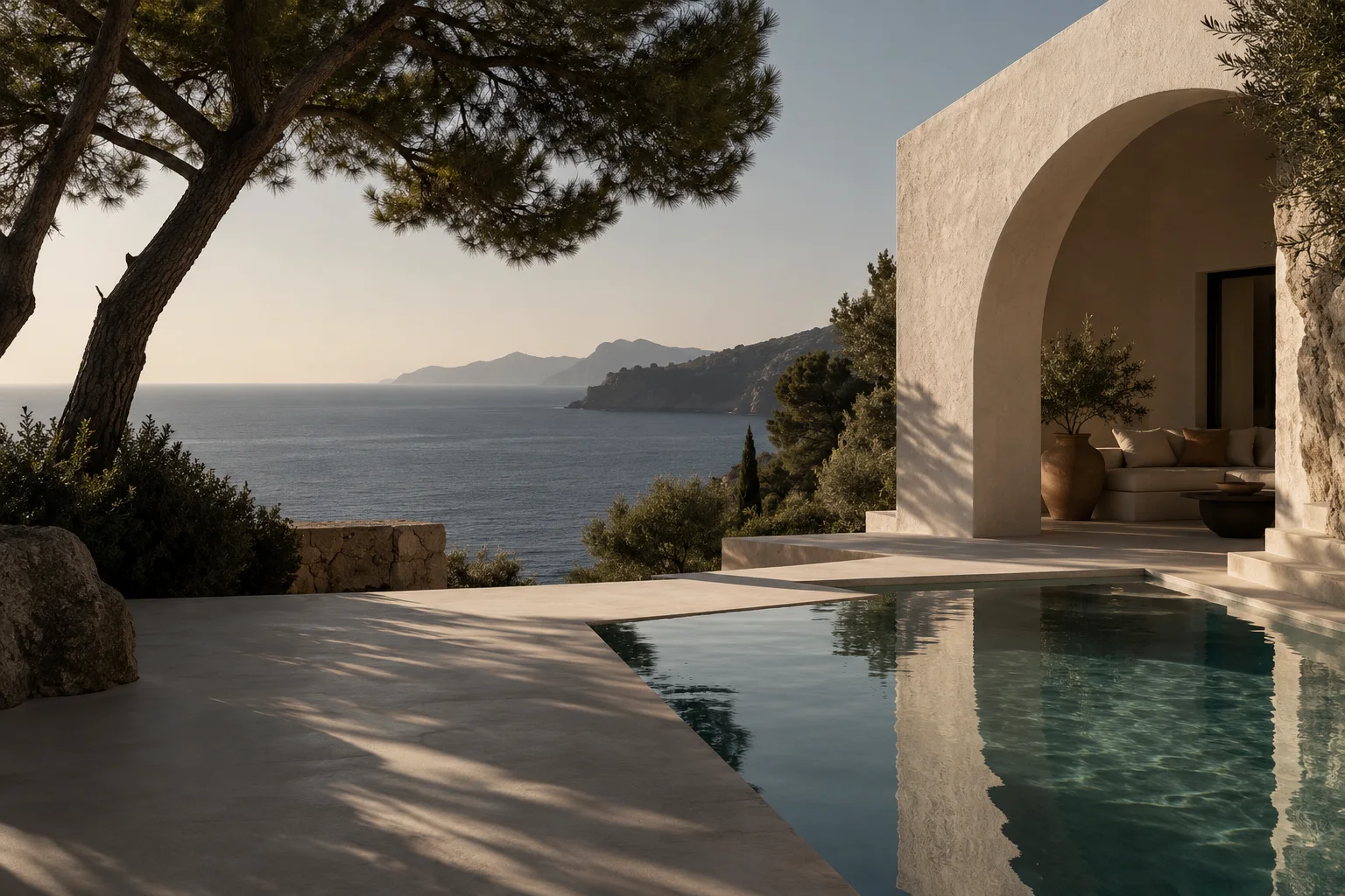 An imagined coastal retreat with an arch, pool and sea view. Original AI-generated imagery.