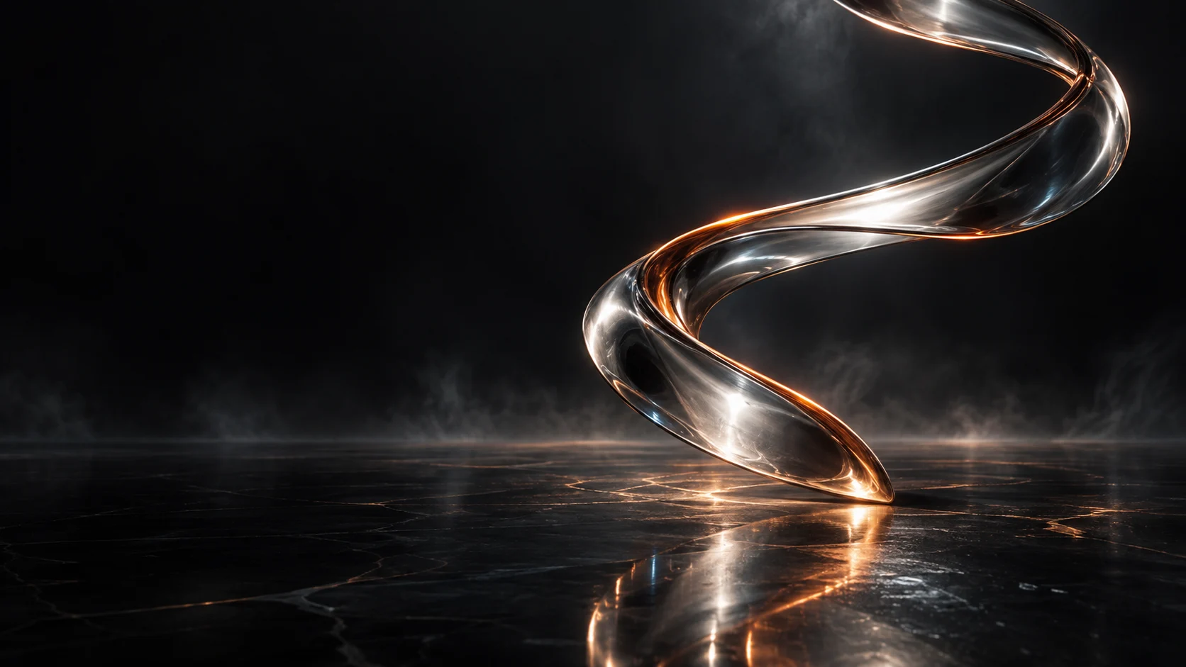 A flowing silver ribbon with copper-lit edges in a dark cinematic space.
