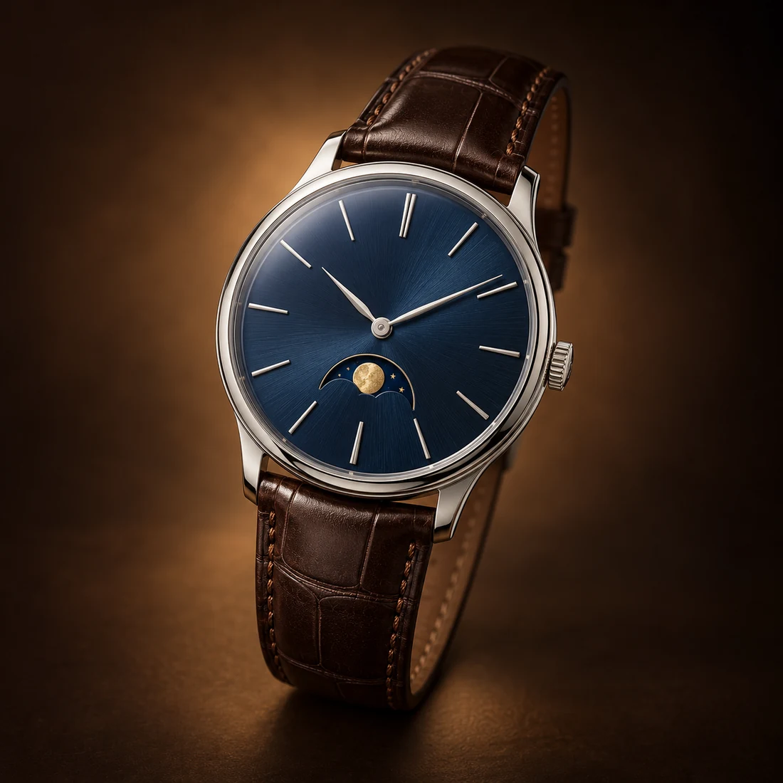 An original silver watch study with a midnight-blue dial, two silver hands, gold moonphase detail and brown leather.