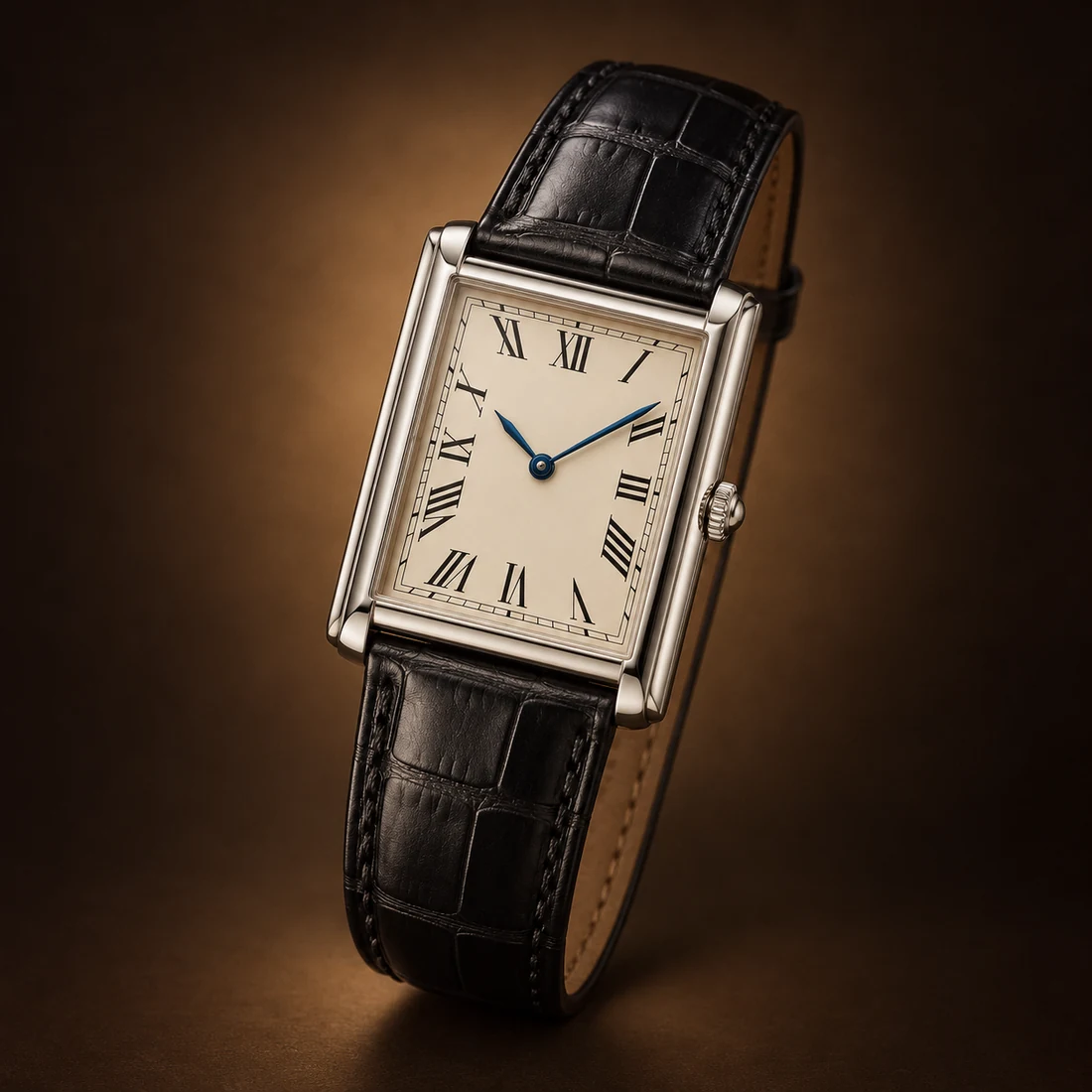 An original rectangular silver watch study with an ivory Roman-numeral dial, two blue hands and black leather.
